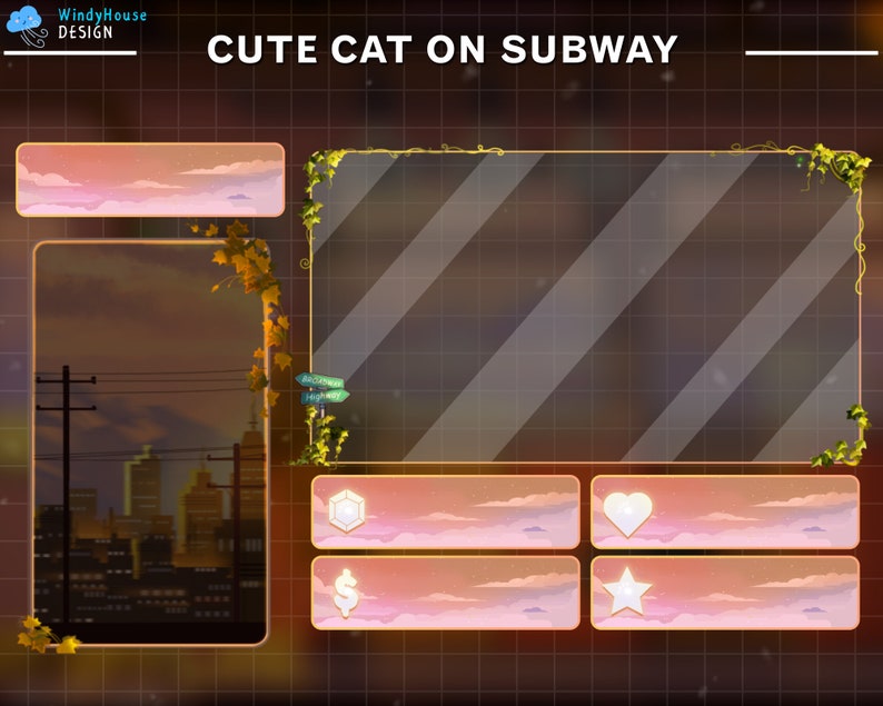 May include: A digital illustration of a city skyline at sunset with a glass panel in the foreground. The glass panel has a gold frame and is decorated with vines. The panel is divided into four sections, each with a different icon: a diamond, a dollar sign, a heart, and a star. The text "CUTE CAT ON SUBWAY" is at the top of the image.