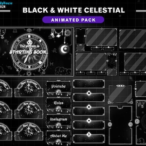 Animated Black & White Celestial Astronomy Twitch Overlay, Sun and Moon Tarot, Aesthetic Astrology Theme, Retro Twitch Kick Overlay