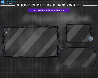 May include: Three black and white webcam overlays with a spooky cemetery theme. The overlays feature a dark, foggy background with branches and a ghost.