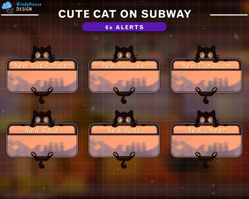 May include: Six animated Twitch alerts featuring a black cat peeking over a subway car window. The alerts are for new subscriber, new follower, new donation, new raid, new host, and new cheer.