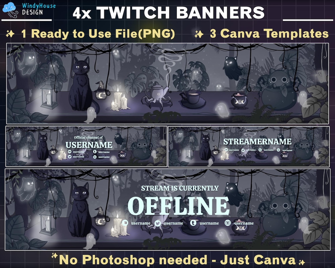 4x Black & White Mystic Cat Twitch Stream Banner, Banner for Twitch ...