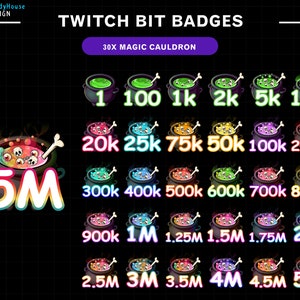 30x Magic Cauldron Twitch Bit Badges, Skull Sub Badges for Streamers, YouTubers & Discord