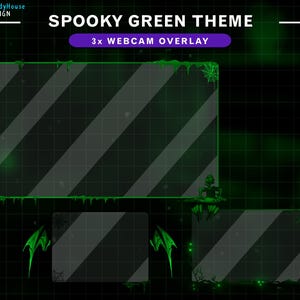 Könnte beinhalten: Ein gruseliges, grün-thematisches Webcam-Overlay-Design. Das Design zeigt drei rechteckige Rahmen mit diagonalen Streifen, akzentuiert mit tropfendem grünen Schleim, Spinnweben und einem Skelett. Der Text "SPOOKY GREEN THEME" und "3x WEBCAM OVERLAY" werden angezeigt.