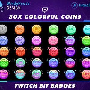 30x Colorful Coins Twitch Bit Badges, Money Bit Badges Set, Twitch Tier Badges For Streamers/Discord