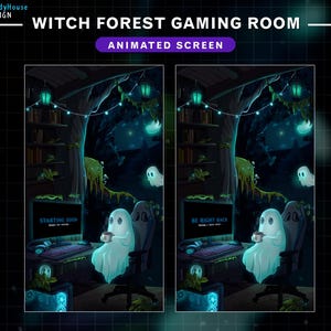 Puede incluir: Pantalla animada que presenta una sala de juegos de bosque de brujas. La escena incluye un personaje fantasma, una computadora y el texto "Starting Soon" o "Be Right Back". El fondo tiene un tema de bosque espeluznante con luces brillantes.
