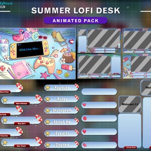 Animated Twitch Overlay Summer Lo-fi Desk, Animated Stream Package Cozy Desk with Turtle, Sea Shell, Sea Snail, Starfish, Coconut, Ice cream