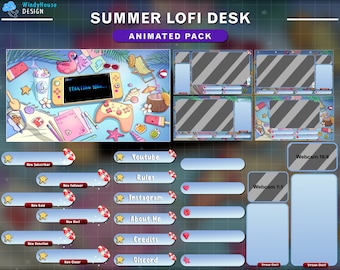 Animated Twitch Overlay Summer Lo-fi Desk, Animated Stream Package Cozy Desk with Turtle, Sea Shell, Sea Snail, Starfish, Coconut, Ice cream