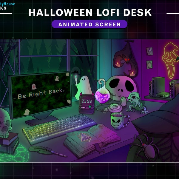 Animierte Twitch Screens Halloween Lofi Schreibtisch Green Theme, Halloween Room Stream Screens, Vtuber Hintergrund mit Spinne, Geist, Totenkopf...