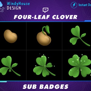 Four-Leaf Clover Twitch Sub Badges, Bit Badges, Bit Loyalty Badges, Lucky Sub Badges, three leaf Sub badges, Stream, Kawaii Badges