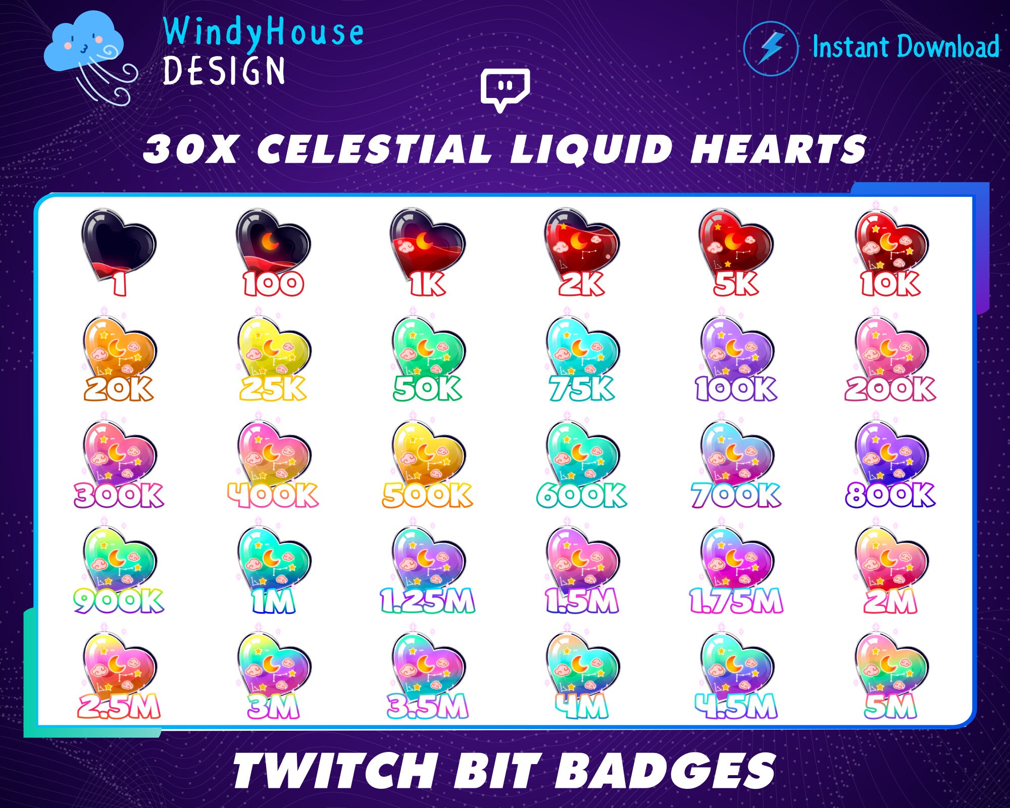 30x Celestial Liquid Hearts Twitch Bit Badges, Hearts Bit Badges Set ...