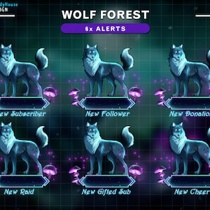 Op de afbeelding: Zes geanimeerde wolfillustraties met glimmende blauwe ogen en paarse accenten. Elke wolf staat in een andere pose en heeft een tekstlabel eronder: Nieuwe abonnee, Nieuwe volger, Nieuwe donatie, Nieuwe raid, Nieuwe cadeau-abonnement, Nieuwe cheer. De tekst "WOLF FOREST 6x ALERTS" staat bovenaan de afbeelding.