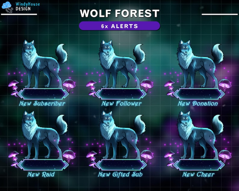Op de afbeelding: Zes geanimeerde wolfillustraties met glimmende blauwe ogen en paarse accenten. Elke wolf staat in een andere pose en heeft een tekstlabel eronder: Nieuwe abonnee, Nieuwe volger, Nieuwe donatie, Nieuwe raid, Nieuwe cadeau-abonnement, Nieuwe cheer. De tekst "WOLF FOREST 6x ALERTS" staat bovenaan de afbeelding.