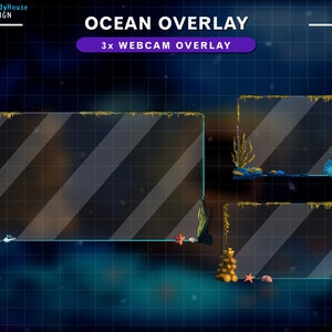 Könnte beinhalten: Drei Webcam-Overlays mit Meeres-Thema. Jedes Overlay verfügt über einen blauen, gläsernen Rahmen mit einem gelben, algenartigen Rand. Die Rahmen sind vor einem dunkelblauen Hintergrund mit einem Gittermuster platziert. Die Overlays sind mit "OCEAN OVERLAY" und "3x WEBCAM OVERLAY" beschriftet.