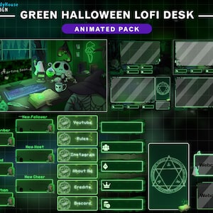 Animated Stream Package Halloween Desk with Green Theme , Animated Spooky Room Twitch Overlay with Spider, Ghost, Skull...