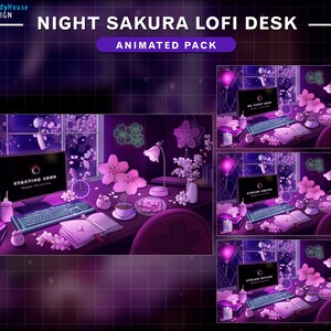 May include: Animated desktop background featuring a night scene with a computer, a desk, and pink cherry blossoms. The computer screen displays the text "Starting Soon".