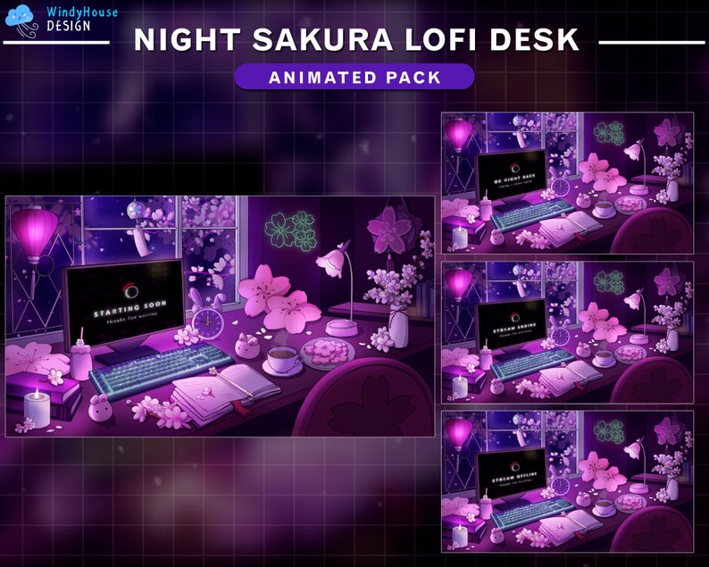 May include: Animated desktop background featuring a night scene with a computer, a desk, and pink cherry blossoms. The computer screen displays the text "Starting Soon".