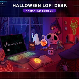 Animated Twitch Screens Halloween Lofi Desk , Halloween Room Stream Screens, Vtuber Background with Spider, Ghost, Skull...