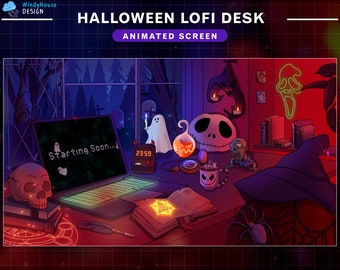 Animierte Twitch Bildschirme Halloween Lofi Schreibtisch, Halloween Raumstrom Bildschirme, Vtuber Hintergrund mit Spinne, Geist, Schädel ...