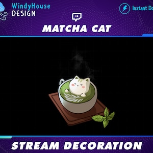 Animierte Matcha Cat Stream Dekoration, Kitty Cat Twitch, Kawaii Twitch Cat Overlay Stream Add-on
