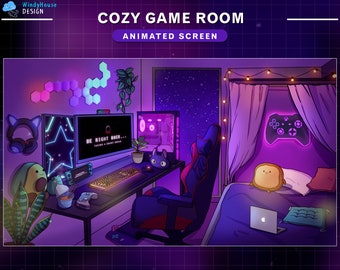 May include: A cozy game room with a purple and blue color scheme. The room features a gaming setup with a computer, a gaming chair, and a controller on the wall. There is also a bed with a pillow and a blanket. The text "BE RIGHT BACK... GAMING & SMART DEVICES" is on one of the computer screens.