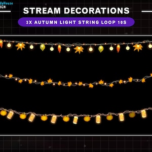 Può includere: Tre fili di luci a stringa autunnali con foglie e zucche. Il testo "STREAM DECORATIONS 3X AUTUMN LIGHT STRING LOOP 10S" è nella parte superiore dell'immagine.