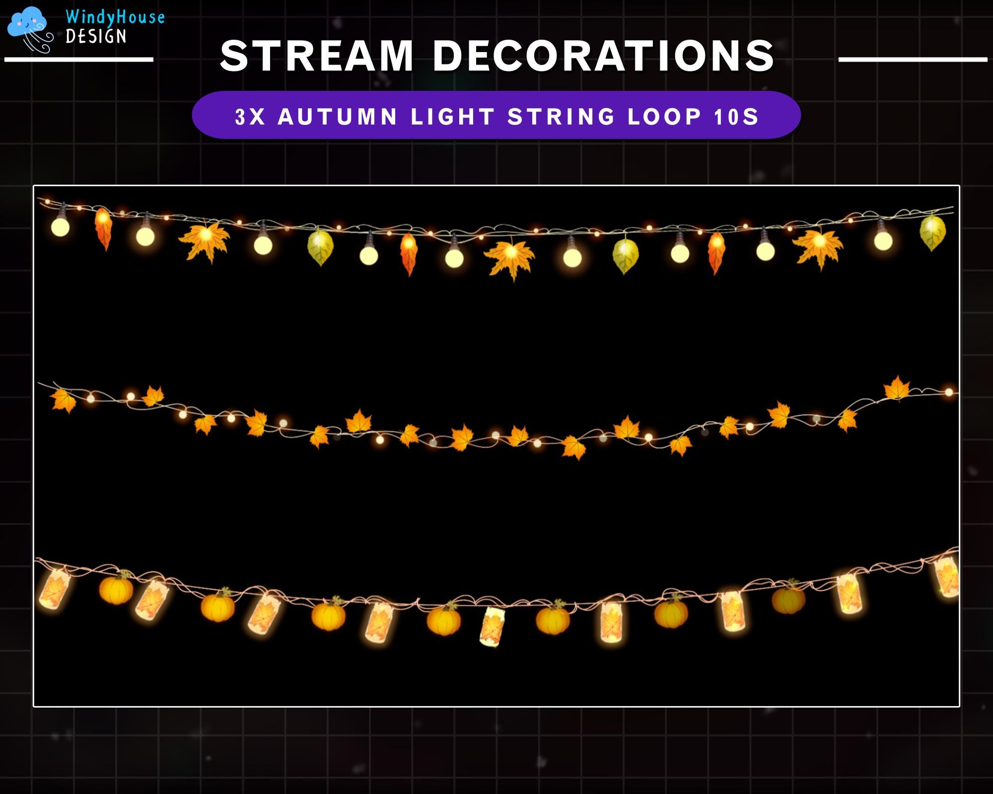 3x Animated Autumn Lights String Stream Decoration, Maple Leaf Overlay, Fall Twitch Overlay
