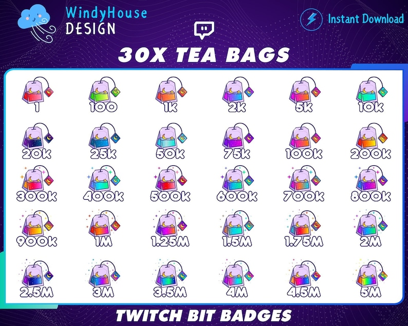 30x Tea Bags Twitch Bit Badges, Full Twitch Bit Badges Set, Twitch Tier ...