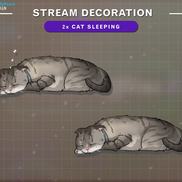 2x Animated Cute Cat Sleeping Stream Decoration, Kitty Cat Twitch, Tabby Cat Stream Add-on Kawaii Twitch Overlay...