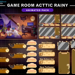 Paquete de transmisión animada Acogedora sala de juegos en el ático, superposición de gato de Twitch animada, superposición de Twitch de noche lluviosa para el fondo de Streamer Vtuber