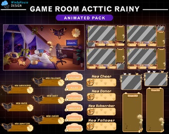 Geanimeerde Stream Pakket Gezellige Zolder Game Room, Geanimeerde Twitch Cat Overlay, Rainy Night Twitch Overlay voor Streamer Vtuber Achtergrond