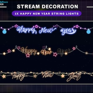 3x Animated Happy New Year Twinkle Lights Stream Decoration, Holiday Lights String Stream Decoration, Twitch Christmas Lights...