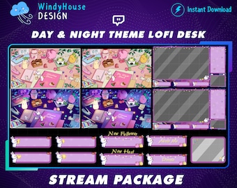 Paquete de transmisión de superposición de Twitch de escritorio Lofi animado de día y noche, superposición de Twitch acogedora, superposición de transmisión de conejito para Streamer, Youtuber