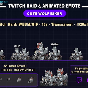 以下が含まれることがあります： 「TWITCH RAID & ANIMATED EMOTE」のテキストが入った、バイクに乗った可愛いオオカミのバイカーのデジタルアート。画像には複数のオオカミバイカーとアニメーション絵文字の例が含まれており、TwitchとDiscord向けに最適化されています。
