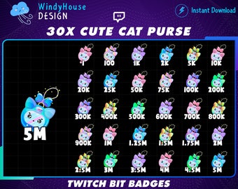 30x Cats Purse Twitch Bit Badges / Cute Cats Twitch Bit Badges Set/ Twitch Tier Badges / Cat Sub Badges / Number Bit Badge