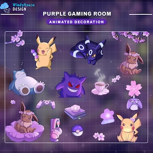 Könnte beinhalten: Ein Design für ein lila Spielzimmer mit animierten Dekorationen. Das Bild zeigt verschiedene Zeichentrickfiguren, darunter Pikachu, Evoli und Gengar, sowie Gaming-Zubehör wie einen Controller und Kopfhörer. Der Text "Purple Gaming Room" und "Animated Decoration" sind sichtbar.