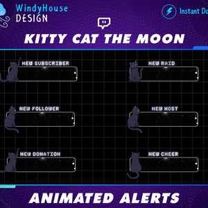 Black Cat Twitch Alerts/ Cat Twitch Overlays, Streamer Graphics, Moon, Star for Streamer