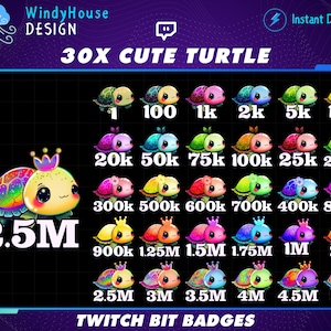 Full Set Cute Turtles Twitch Bit Badges / Complete Twitch Bit Badges Set/ Twitch Tier Badges, Animal Sub Badges, Number Bit Badges