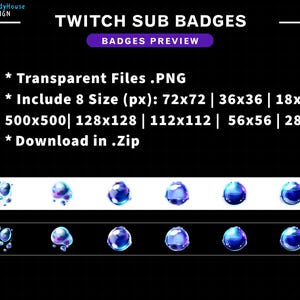 Op de afbeelding: Een set van acht Twitch-sub-badges met een blauwe en paarse bol met een witte gloed. De badges zijn beschikbaar in acht maten: 72x72, 36x36, 18x18, 500x500, 128x128, 112x112, 56x56 en 28x28 pixels. De badges zijn transparante PNG-bestanden en zijn beschikbaar om te downloaden in een ZIP-bestand.