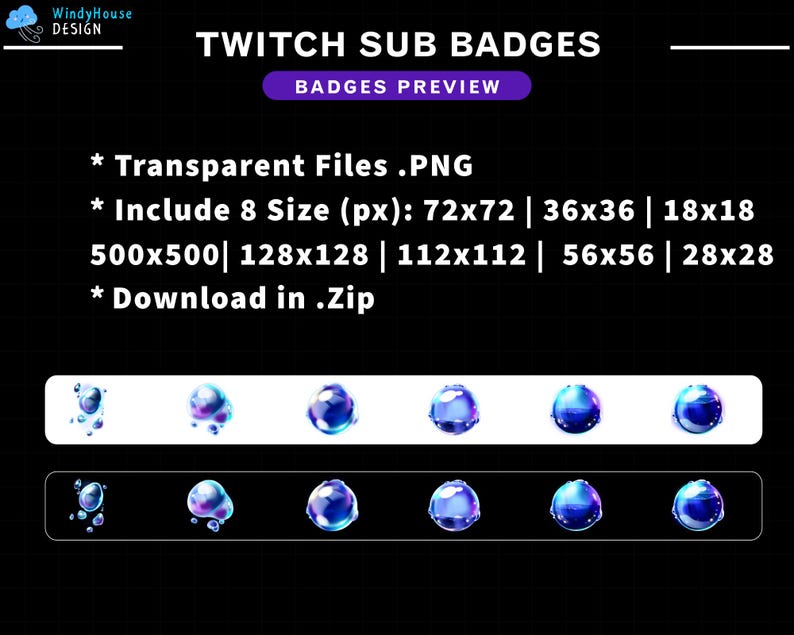Op de afbeelding: Een set van acht Twitch-sub-badges met een blauwe en paarse bol met een witte gloed. De badges zijn beschikbaar in acht maten: 72x72, 36x36, 18x18, 500x500, 128x128, 112x112, 56x56 en 28x28 pixels. De badges zijn transparante PNG-bestanden en zijn beschikbaar om te downloaden in een ZIP-bestand.
