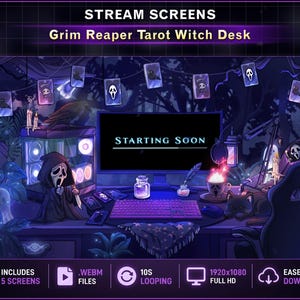 May include: Digital stream screen with a Grim Reaper theme. The desk setup includes a computer, keyboard, and tarot cards. The screen displays "STARTING SOON". The image has a dark, spooky aesthetic with a purple and black colour scheme.