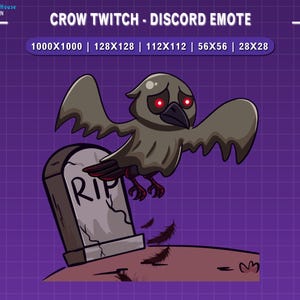 Peut inclure: Un corbeau de dessin anim&eacute; aux yeux rouges et aux ailes d&eacute;ploy&eacute;es plane pr&egrave;s d'une pierre tombale sur laquelle on peut lire "RIP". L'image est plac&eacute;e sur un fond de grille violet et comprend le texte "CROW TWITCH - DISCORD EMOTE."