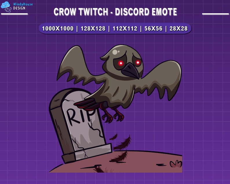 Peut inclure: Un corbeau de dessin anim&eacute; aux yeux rouges et aux ailes d&eacute;ploy&eacute;es plane pr&egrave;s d'une pierre tombale sur laquelle on peut lire "RIP". L'image est plac&eacute;e sur un fond de grille violet et comprend le texte "CROW TWITCH - DISCORD EMOTE."