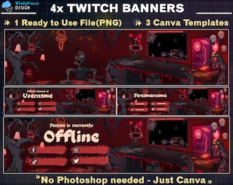 4x Creepy Room Twitch Stream Banner, Halloween, Banner for Twitch, Youtube, and Discord, Editable Canva Template, Graphics For Streamers