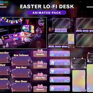 Pacote de transmissão ANIMADO Sala de jogos do dia de Páscoa, pacote Lo-fi Desk Twitch, sobreposição de chute com coelho, coelhinho, ovo de pintinho, configuração de PC