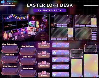 ANIMATED Stream Package Easter's Day Game Room, Lo-fi Desk Twitch Pack, Kick Overlay with Rabbit, Bunny, Chick Egg, PC Setup