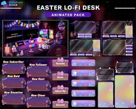 ANIMATED Stream Package Easter's Day Game Room, Lo-fi Desk Twitch Pack, Kick Overlay with Rabbit, Bunny, Chick Egg, PC Setup