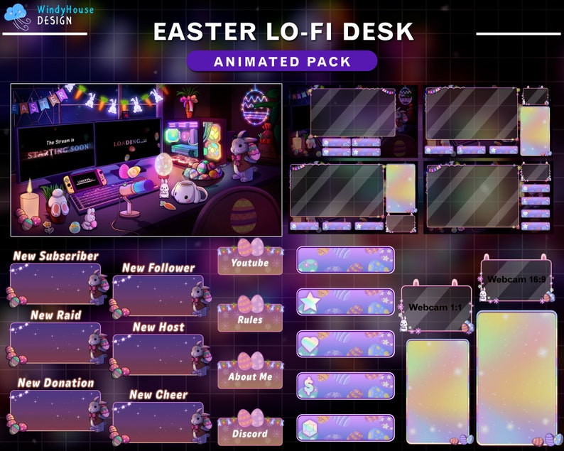 May include: Animated Easter-themed Twitch stream overlay pack with a purple and pink color scheme. The overlay includes a variety of elements, such as a webcam frame, a chat box, and a donation alert. The overlay also features a cute bunny rabbit design.