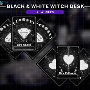 May include: Six black and white printable cards with a celestial design. Each card features a moon phase, stars, and a diamond or heart shape. The text on the cards reads "New Cheer" and "New Follower".
