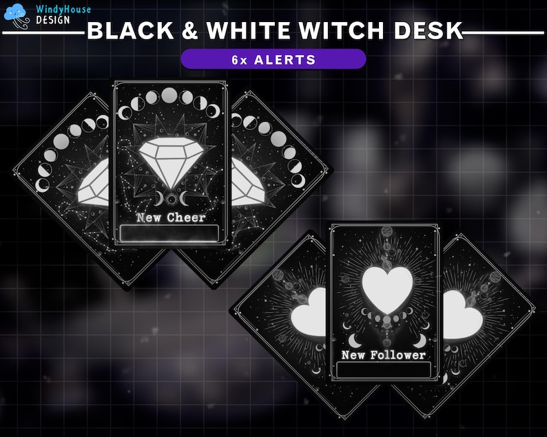 May include: Six black and white printable cards with a celestial design. Each card features a moon phase, stars, and a diamond or heart shape. The text on the cards reads "New Cheer" and "New Follower".