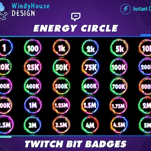 30x Energy Circle Twitch Bit Badges / Complete Twitch Bit Badges Set/ Neon Twitch Badges / Number Bit Badges / Gamer Graphics